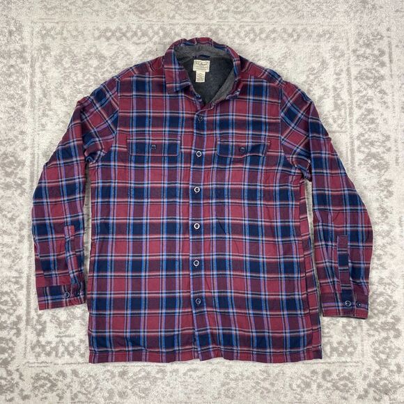LL Bean Fleece Lined Flannel Shirt Jacket Men’s Plaid Pockets 298189 Size Medium - Picture 1 of 7